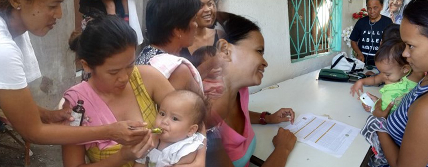 A community health worker administers medicine to a sick child in Catarman,Cordova, Cebu / A community health worker talks to a mother about growth monitoring of her child in Poblacion, Cordova, Cebu